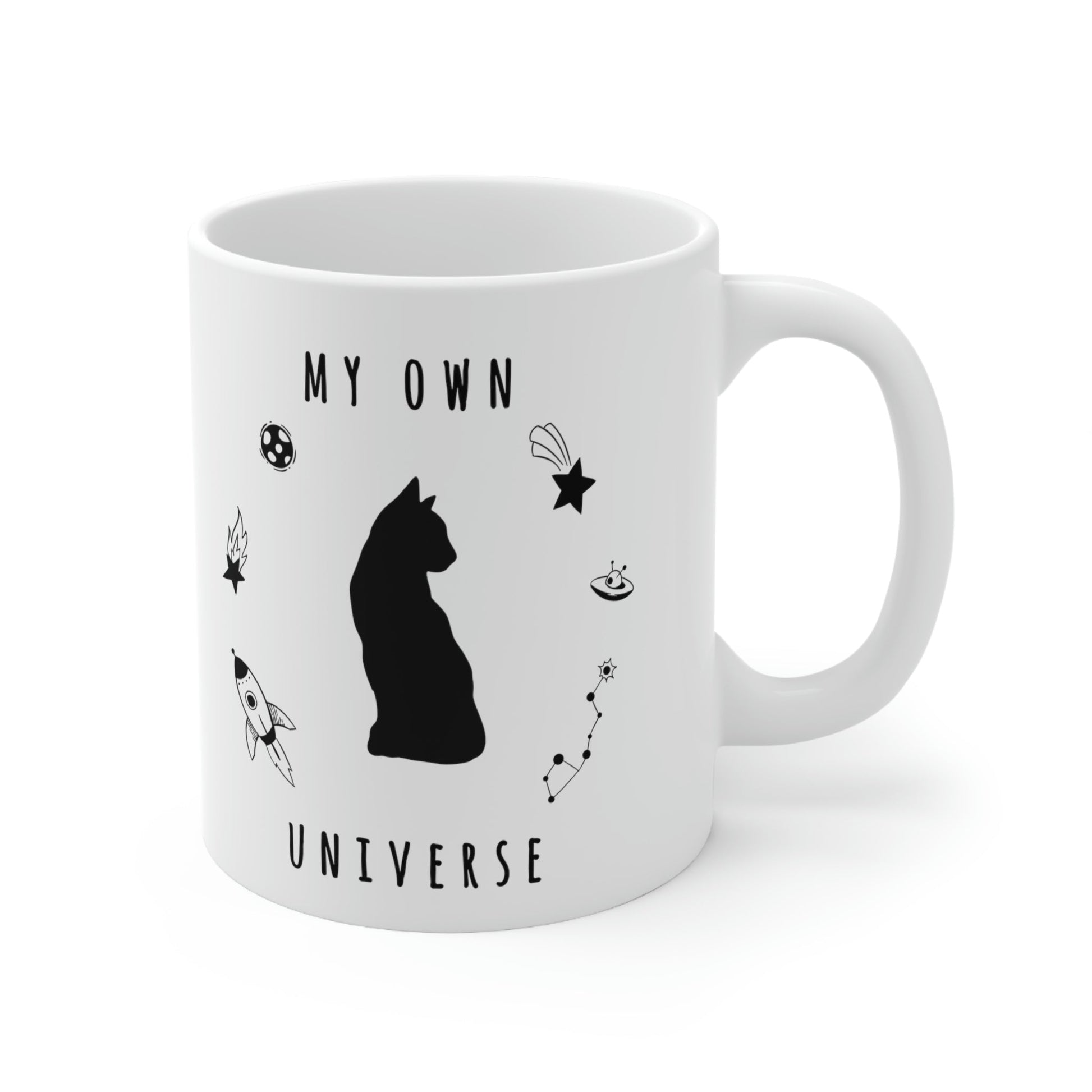 My Own Cat Universe Monochrome Minimalist Art Ceramic Mug 11oz Ichaku [Perfect Gifts Selection]