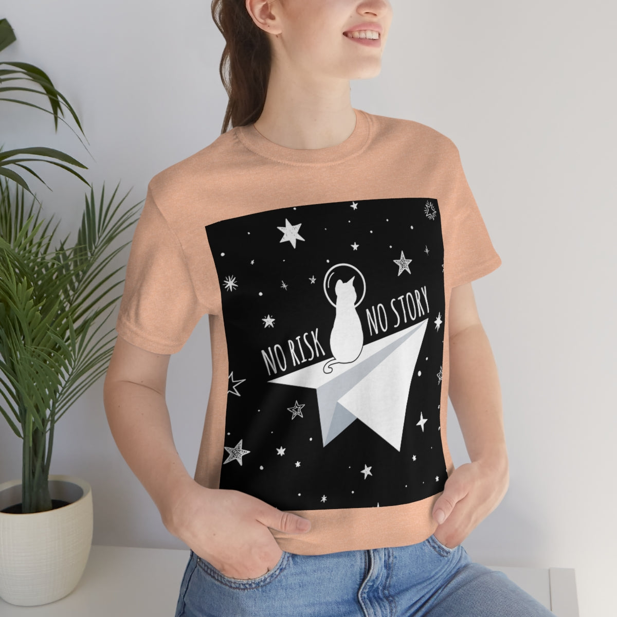 No risk No story Flying Galaxy Space Black Cat Astronaut Asteroid Unisex Jersey Short Sleeve T-Shirt Ichaku [Perfect Gifts Selection]