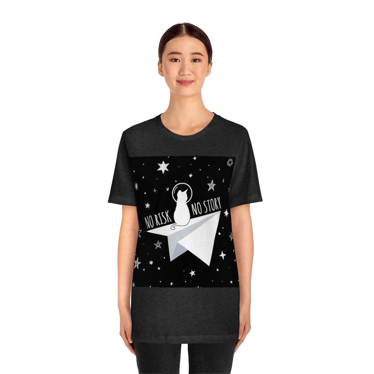 No risk No story Flying Galaxy Space Black Cat Astronaut Asteroid Unisex Jersey Short Sleeve T-Shirt Ichaku [Perfect Gifts Selection]