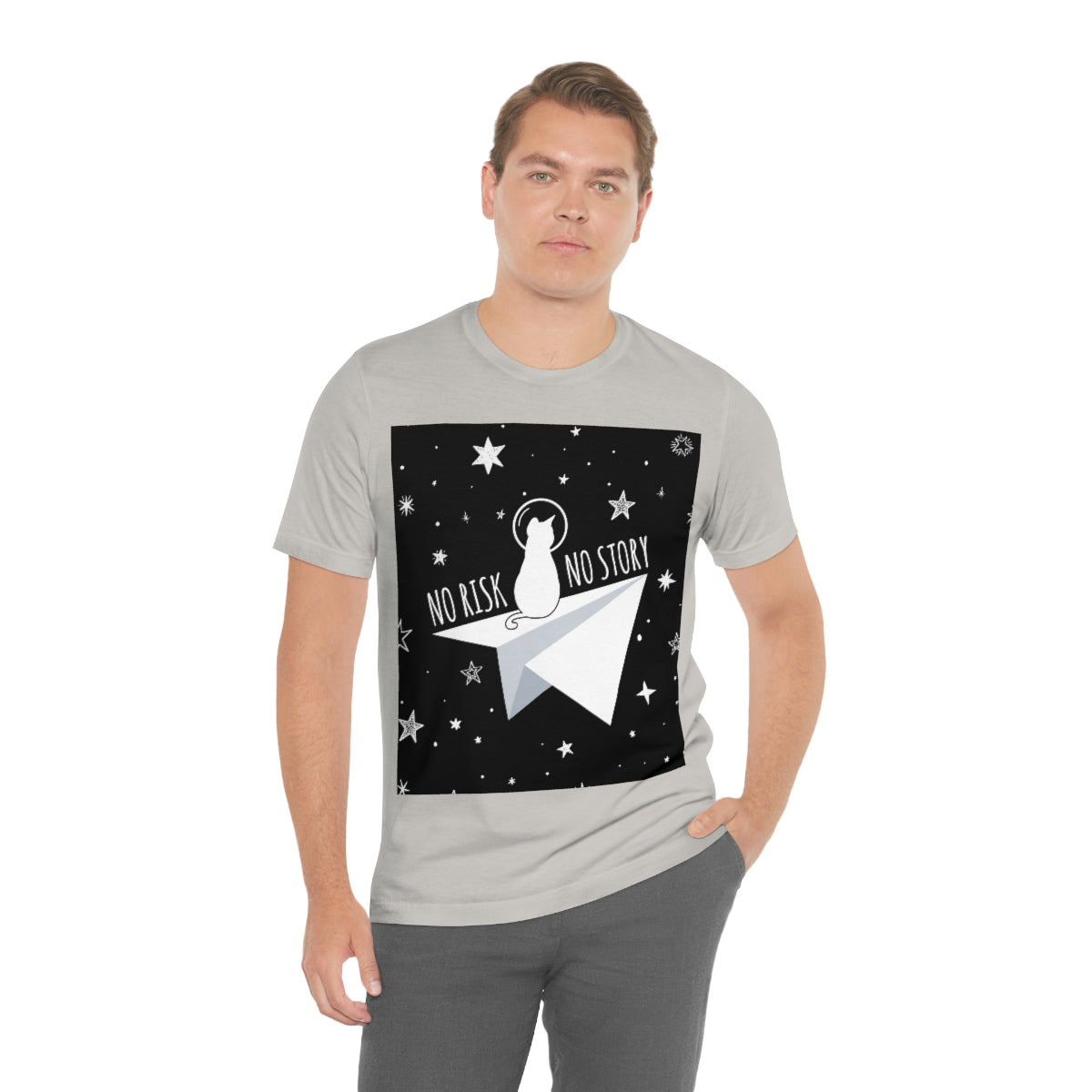 No risk No story Flying Galaxy Space Black Cat Astronaut Asteroid Unisex Jersey Short Sleeve T-Shirt Ichaku [Perfect Gifts Selection]