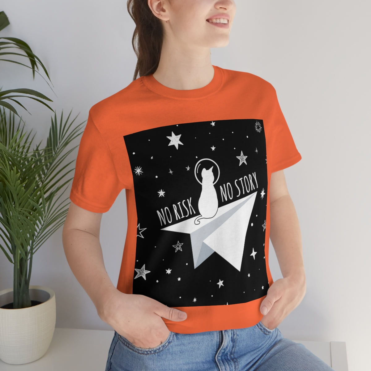 No risk No story Flying Galaxy Space Black Cat Astronaut Asteroid Unisex Jersey Short Sleeve T-Shirt Ichaku [Perfect Gifts Selection]