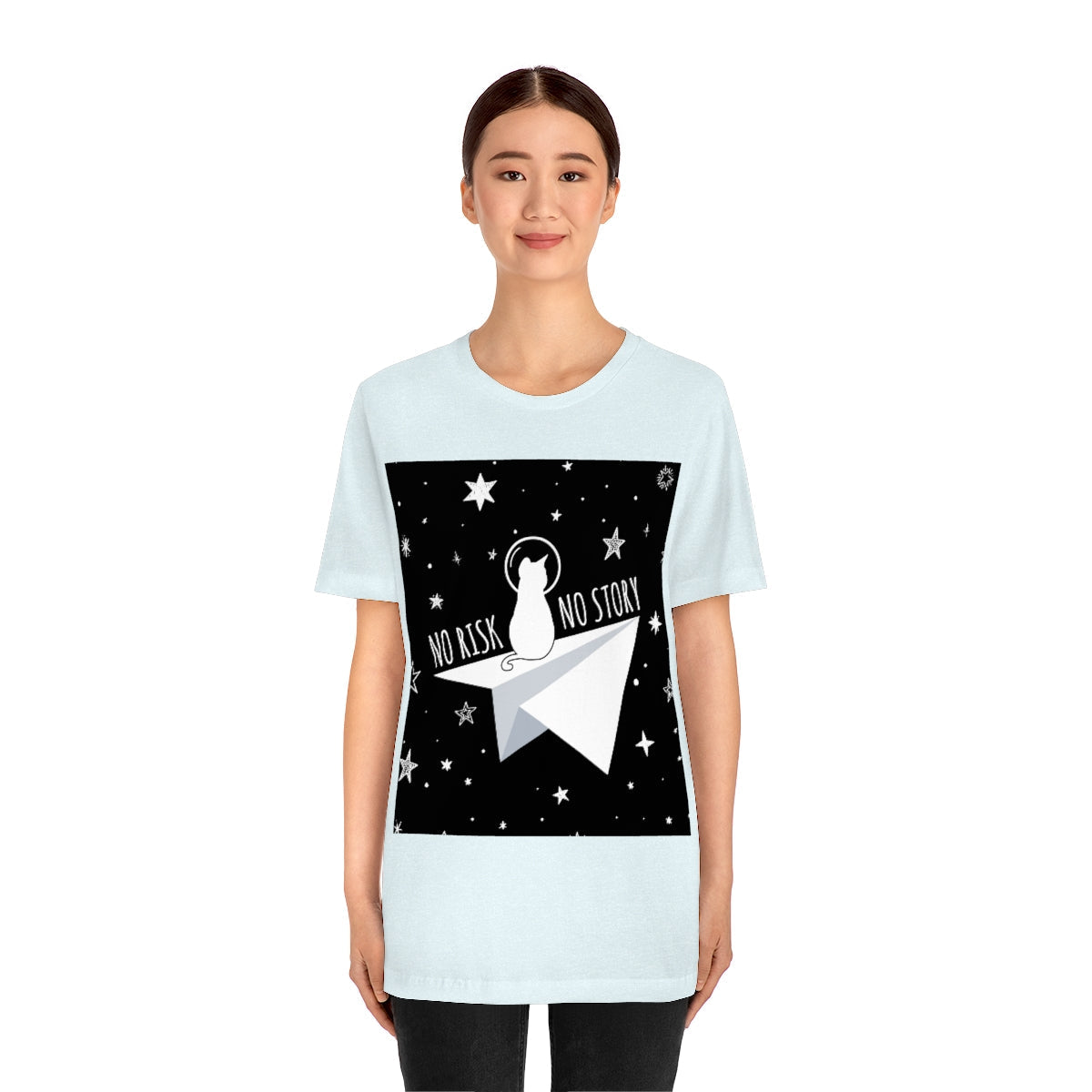 No risk No story Flying Galaxy Space Black Cat Astronaut Asteroid Unisex Jersey Short Sleeve T-Shirt Ichaku [Perfect Gifts Selection]