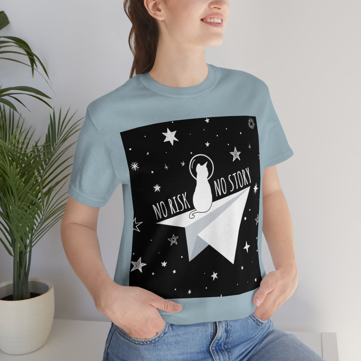 No risk No story Flying Galaxy Space Black Cat Astronaut Asteroid Unisex Jersey Short Sleeve T-Shirt Ichaku [Perfect Gifts Selection]