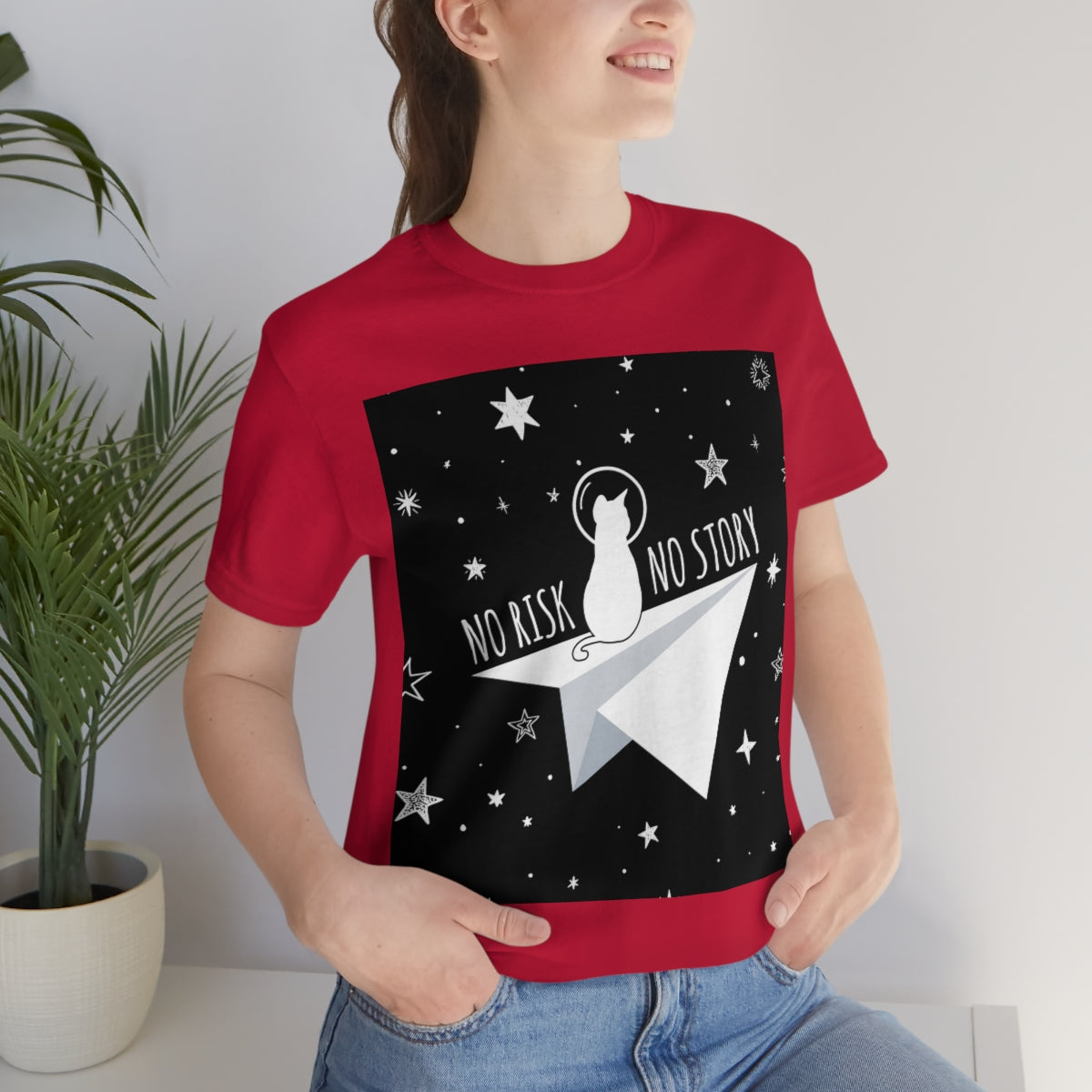 No risk No story Flying Galaxy Space Black Cat Astronaut Asteroid Unisex Jersey Short Sleeve T-Shirt Ichaku [Perfect Gifts Selection]