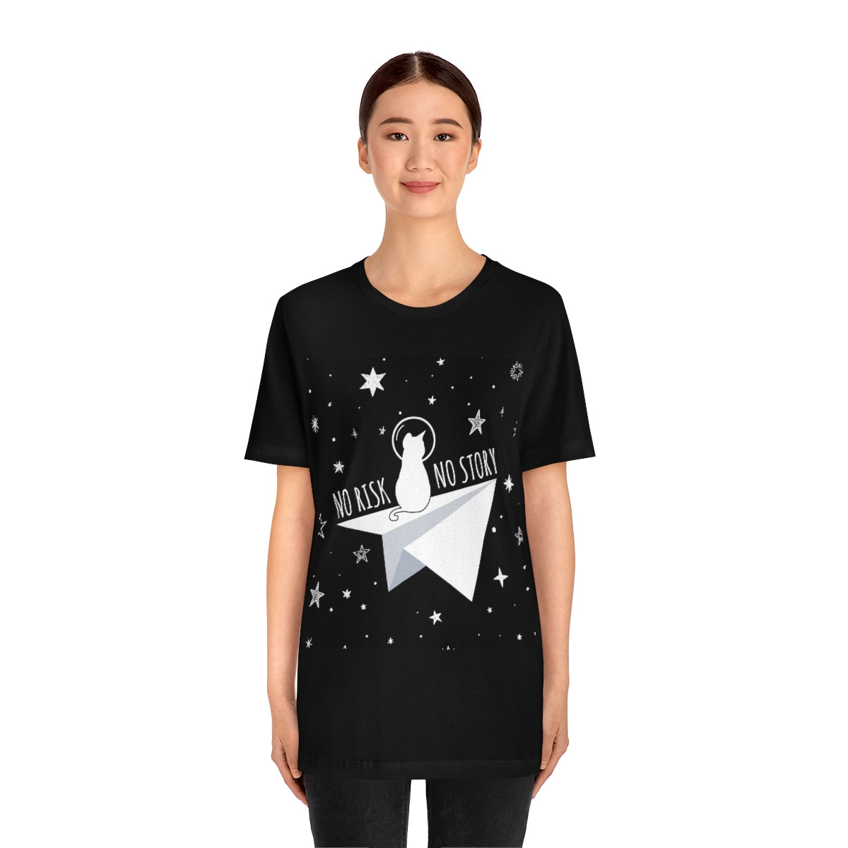 No risk No story Flying Galaxy Space Black Cat Astronaut Asteroid Unisex Jersey Short Sleeve T-Shirt Ichaku [Perfect Gifts Selection]