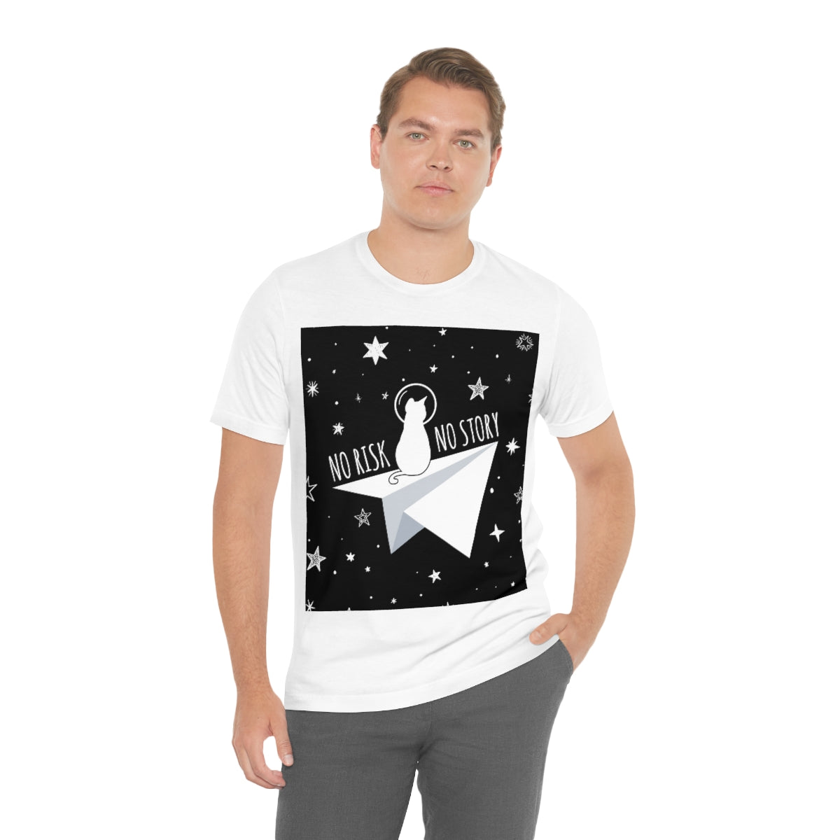 No risk No story Flying Galaxy Space Black Cat Astronaut Asteroid Unisex Jersey Short Sleeve T-Shirt Ichaku [Perfect Gifts Selection]