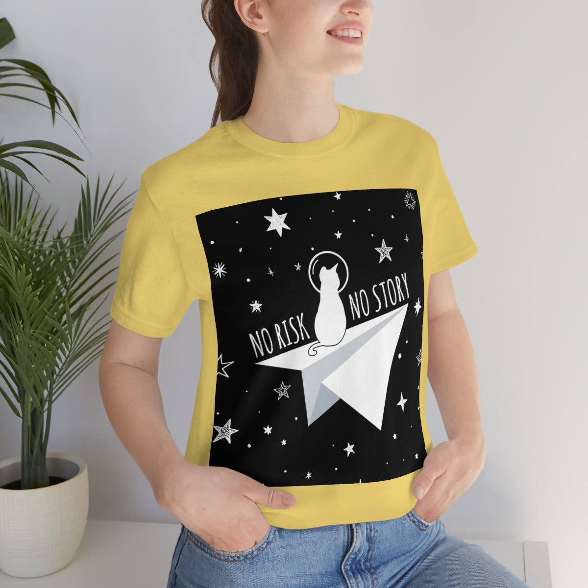 No risk No story Flying Galaxy Space Black Cat Astronaut Asteroid Unisex Jersey Short Sleeve T-Shirt Ichaku [Perfect Gifts Selection]