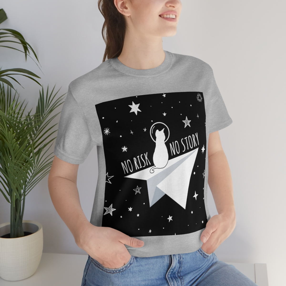 No risk No story Flying Galaxy Space Black Cat Astronaut Asteroid Unisex Jersey Short Sleeve T-Shirt Ichaku [Perfect Gifts Selection]