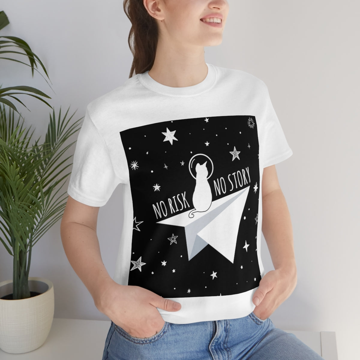 No risk No story Flying Galaxy Space Black Cat Astronaut Asteroid Unisex Jersey Short Sleeve T-Shirt Ichaku [Perfect Gifts Selection]