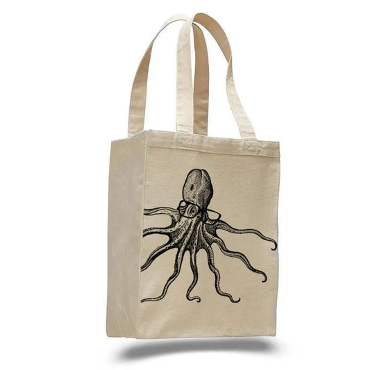 Octopus wearing glasses- cotton canvas natural tote bag Ichaku [Perfect Gifts Selection]