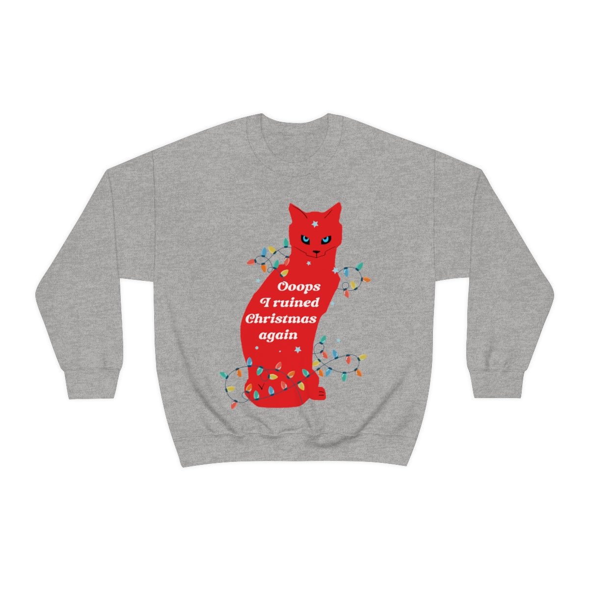 Ooops, I Ruined Christmas Again, Red Cat watching Unisex Heavy Blend™ Crewneck Sweatshirt Ichaku [Perfect Gifts Selection]