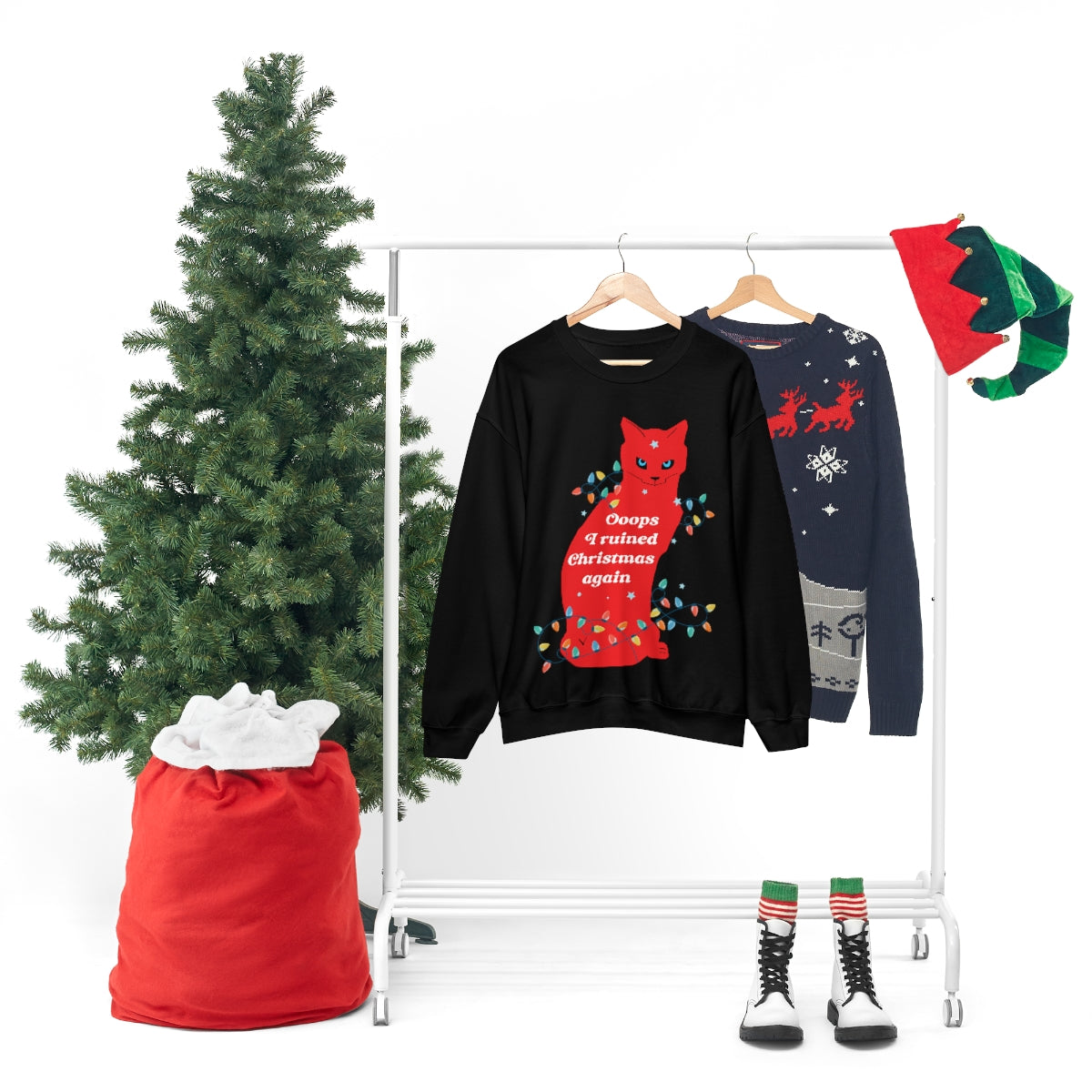Ooops, I Ruined Christmas Again, Red Cat watching Unisex Heavy Blend™ Crewneck Sweatshirt Ichaku [Perfect Gifts Selection]
