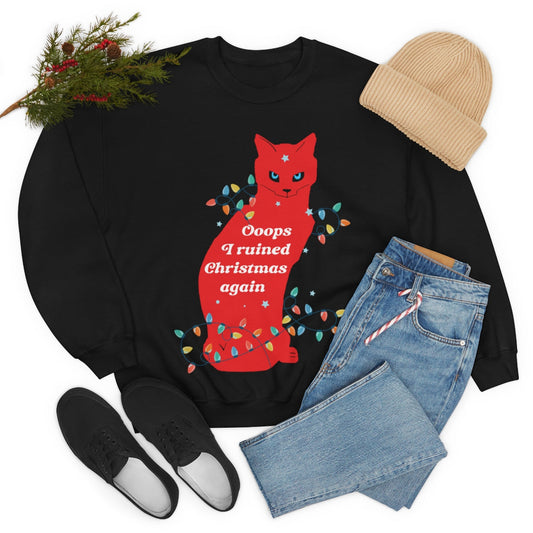 Ooops, I Ruined Christmas Again, Red Cat watching Unisex Heavy Blend™ Crewneck Sweatshirt Ichaku [Perfect Gifts Selection]