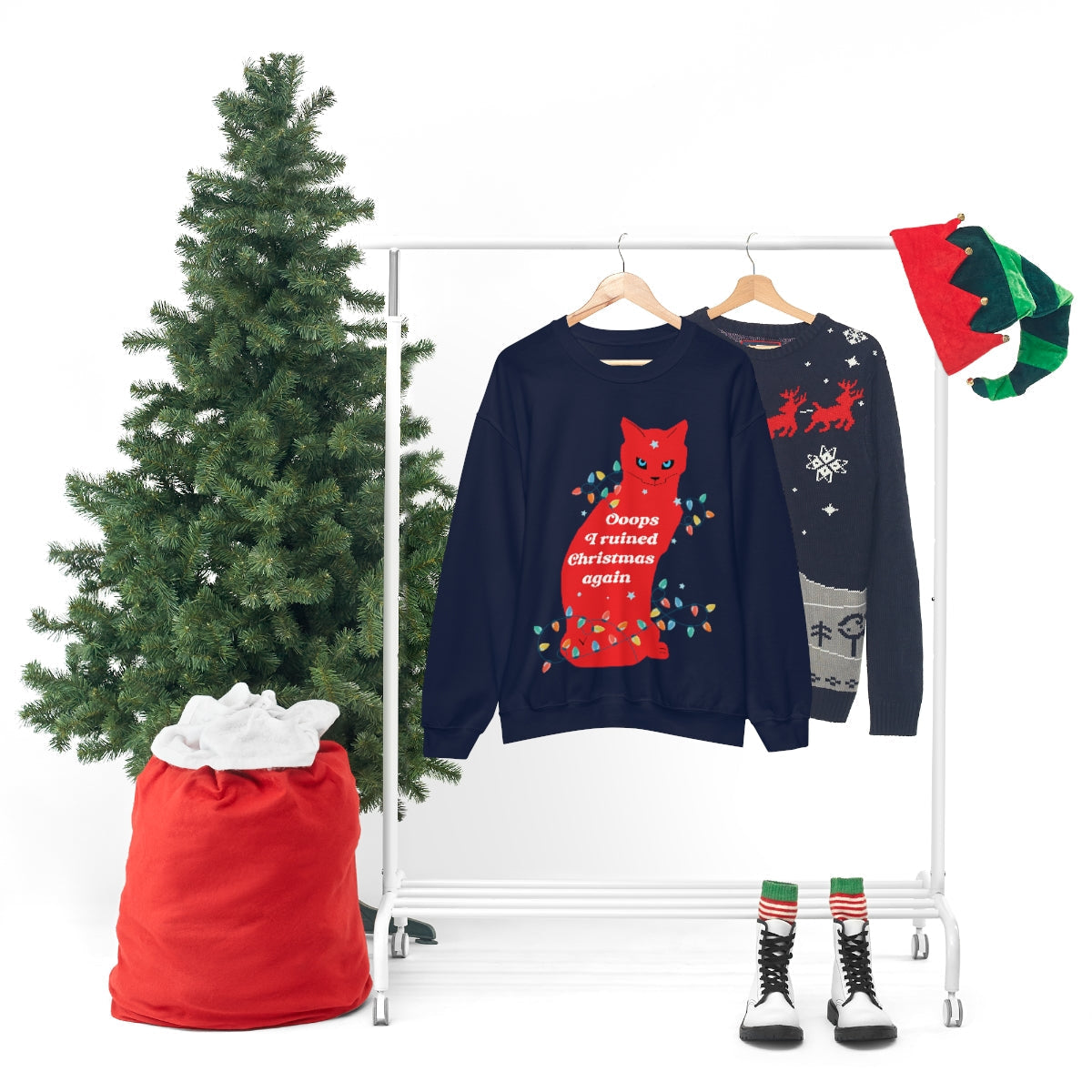 Ooops, I Ruined Christmas Again, Red Cat watching Unisex Heavy Blend™ Crewneck Sweatshirt Ichaku [Perfect Gifts Selection]