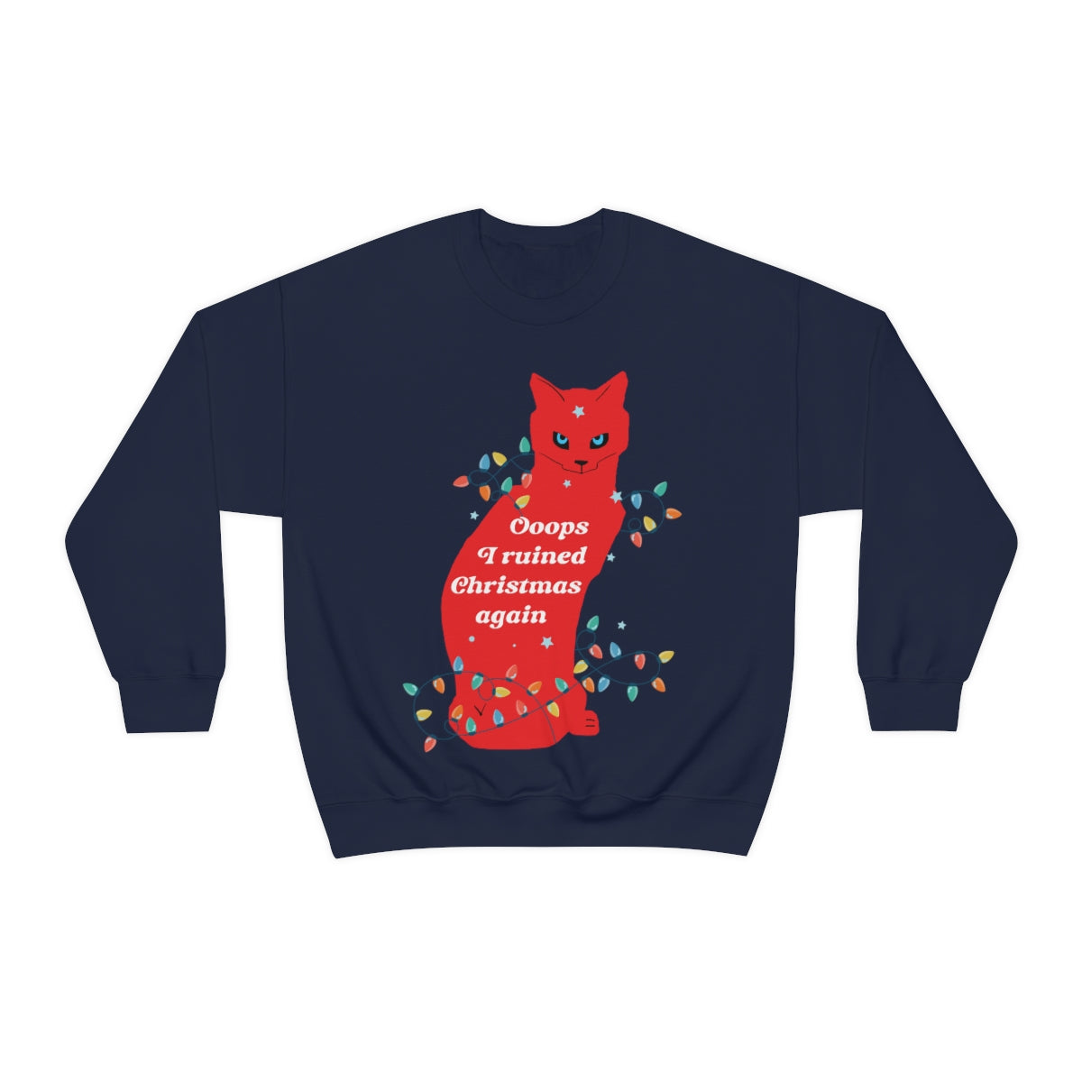 Ooops, I Ruined Christmas Again, Red Cat watching Unisex Heavy Blend™ Crewneck Sweatshirt Ichaku [Perfect Gifts Selection]