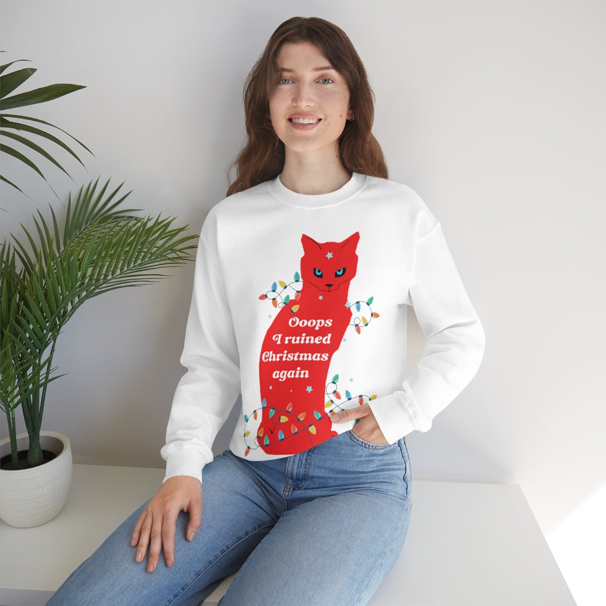 Ooops, I Ruined Christmas Again, Red Cat watching Unisex Heavy Blend™ Crewneck Sweatshirt Ichaku [Perfect Gifts Selection]