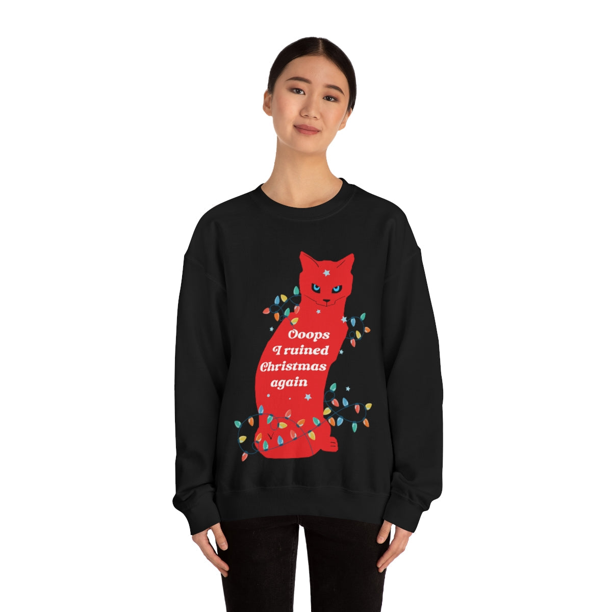 Ooops, I Ruined Christmas Again, Red Cat watching Unisex Heavy Blend™ Crewneck Sweatshirt Ichaku [Perfect Gifts Selection]