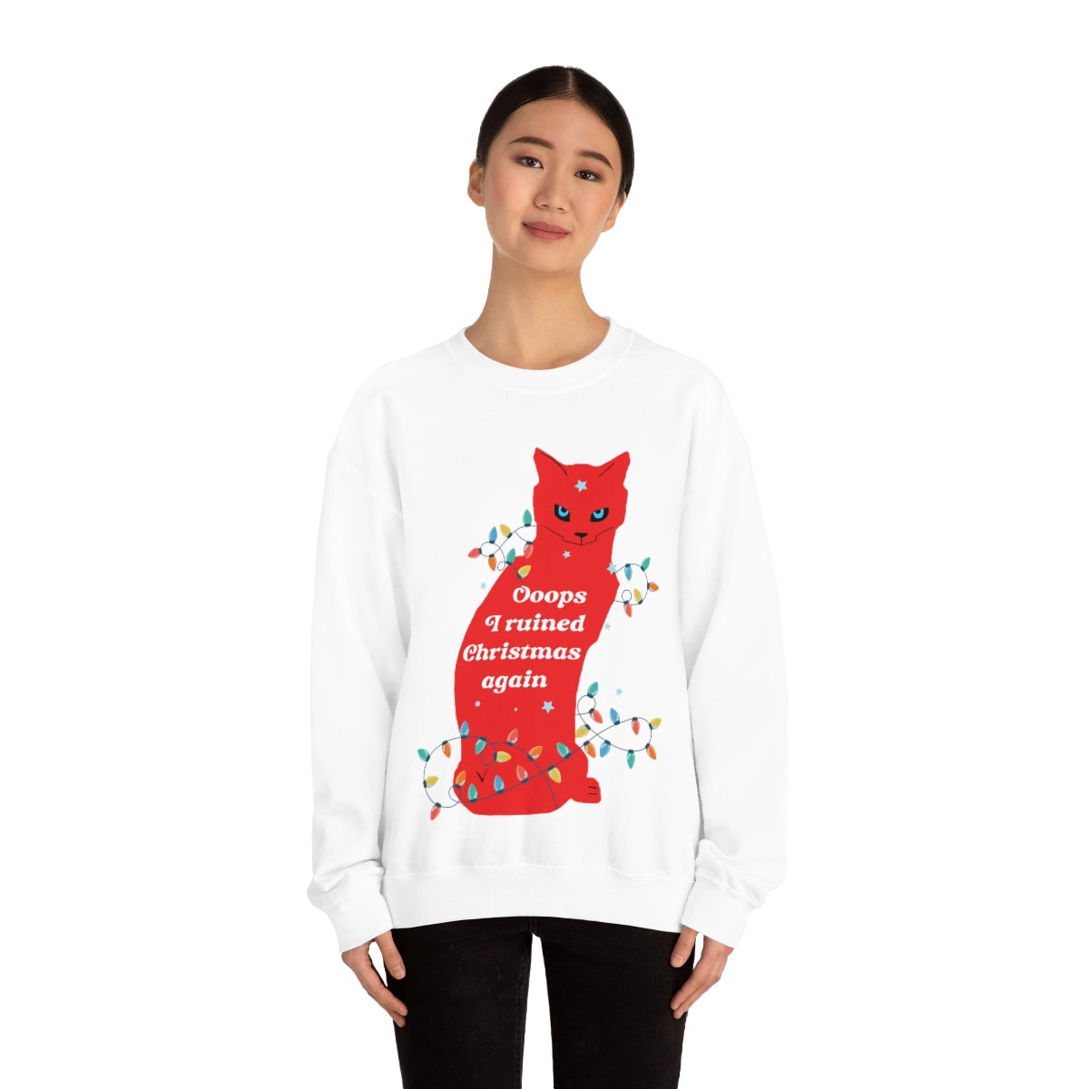 Ooops, I Ruined Christmas Again, Red Cat watching Unisex Heavy Blend™ Crewneck Sweatshirt Ichaku [Perfect Gifts Selection]