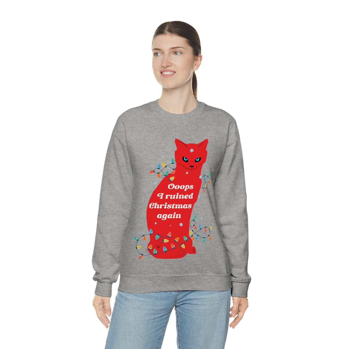 Ooops, I Ruined Christmas Again, Red Cat watching Unisex Heavy Blend™ Crewneck Sweatshirt Ichaku [Perfect Gifts Selection]