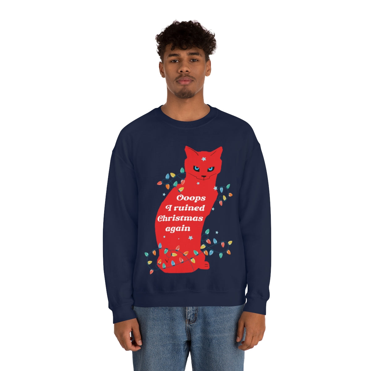 Ooops, I Ruined Christmas Again, Red Cat watching Unisex Heavy Blend™ Crewneck Sweatshirt Ichaku [Perfect Gifts Selection]