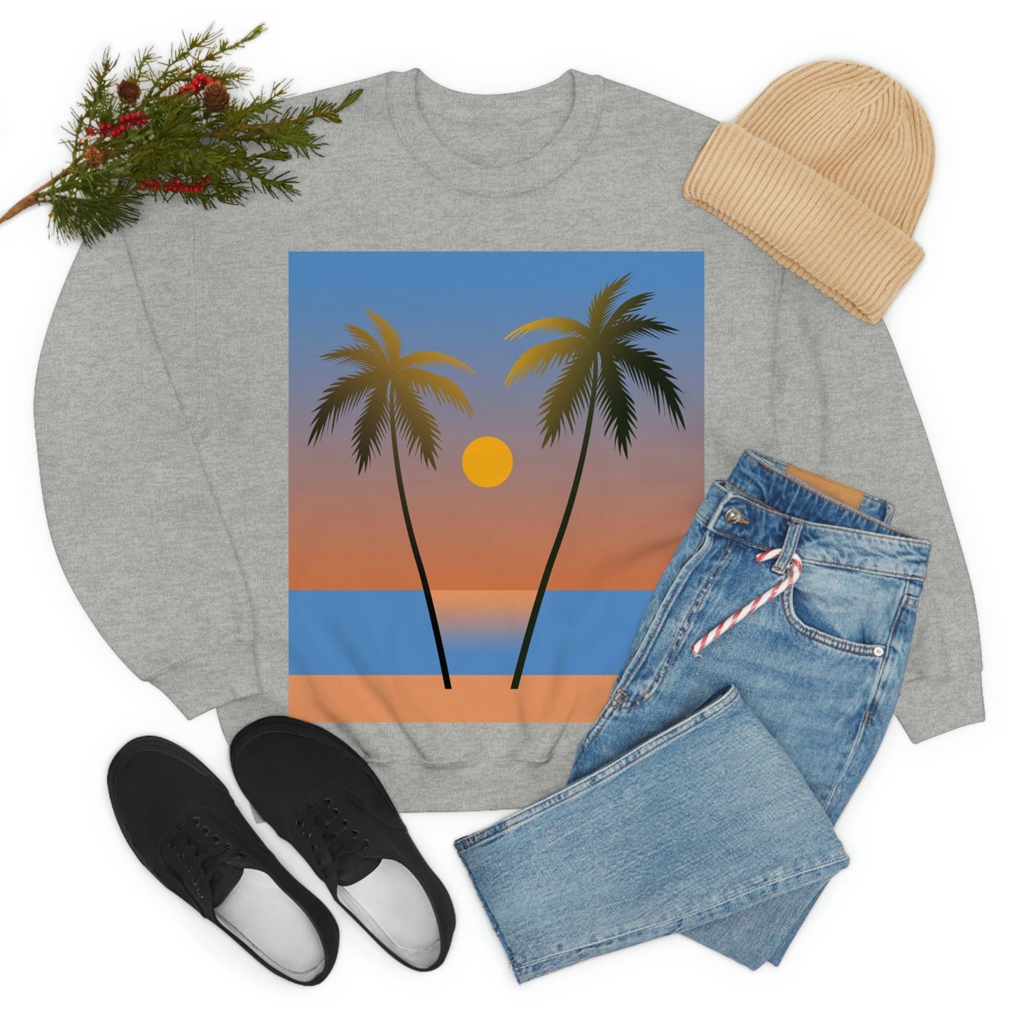 Palm Beach Sunset Minimal Art Unisex Heavy Blend™ Crewneck Sweatshirt Ichaku [Perfect Gifts Selection]