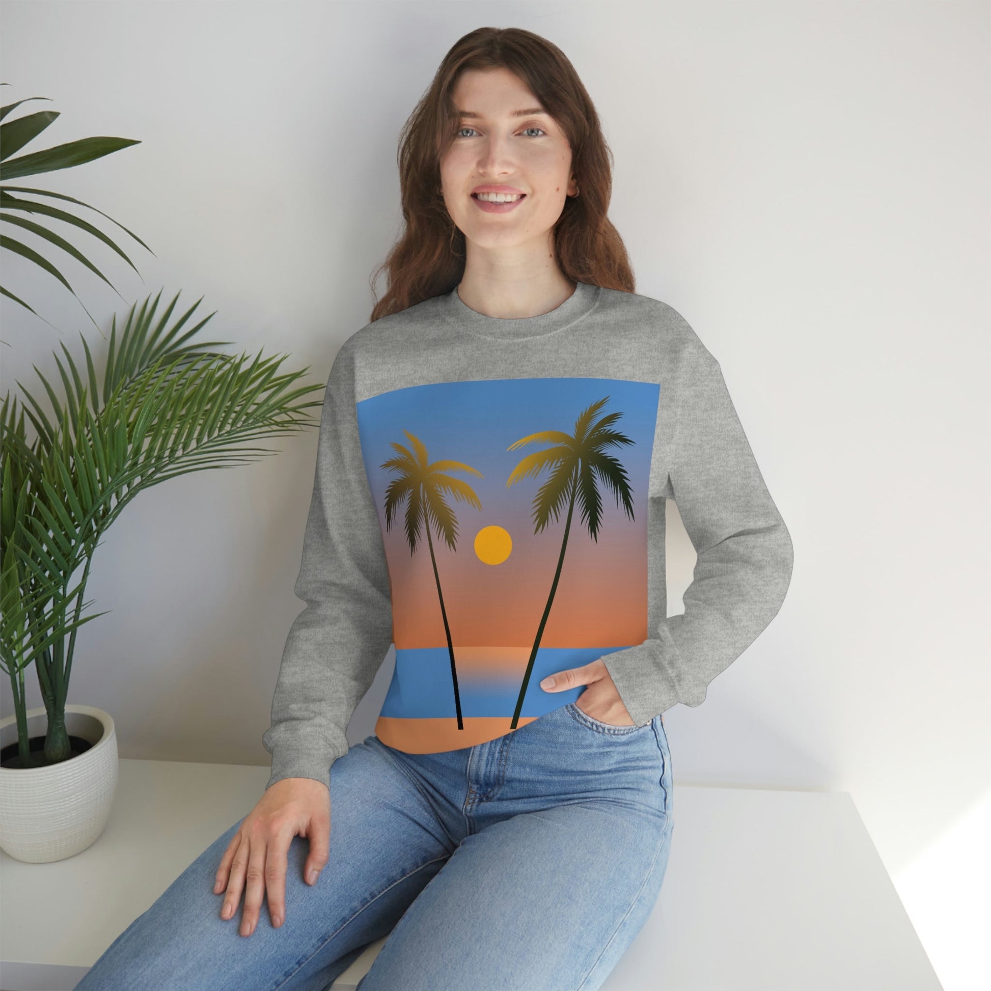 Palm Beach Sunset Minimal Art Unisex Heavy Blend™ Crewneck Sweatshirt Ichaku [Perfect Gifts Selection]