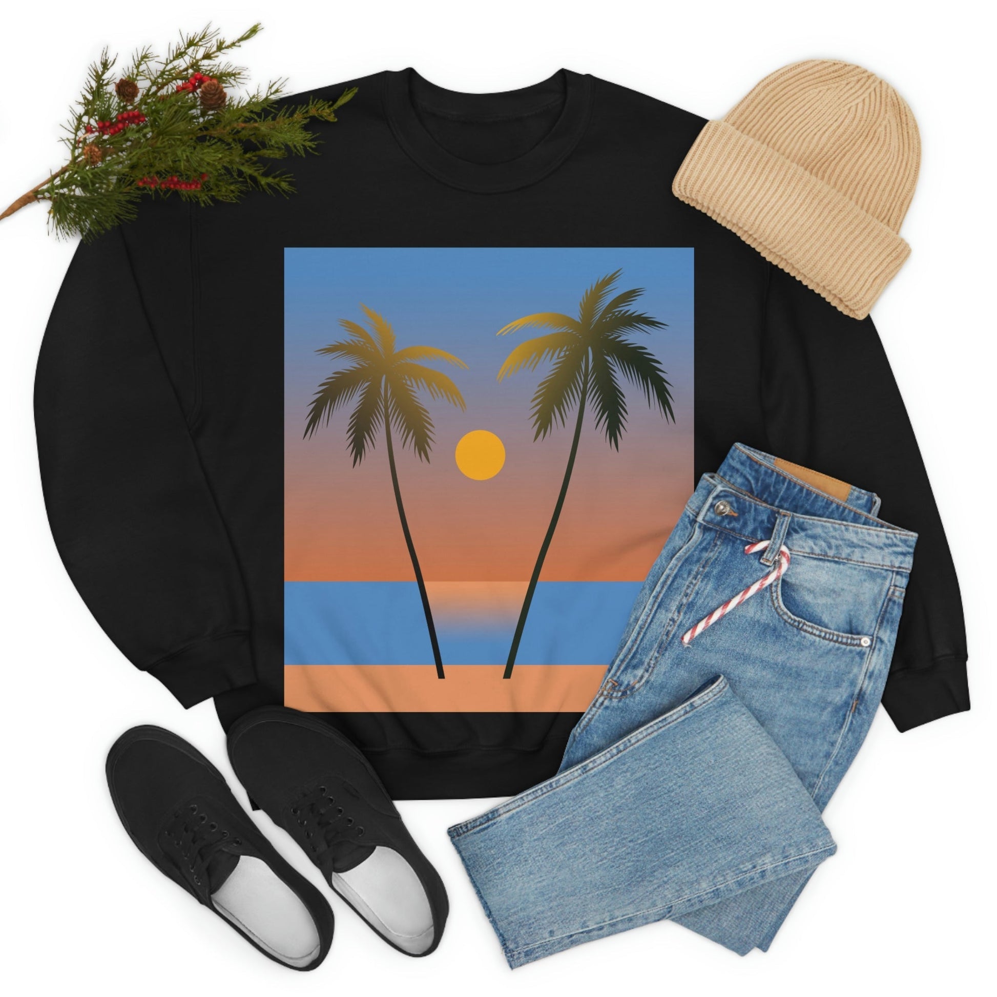 Palm Beach Sunset Minimal Art Unisex Heavy Blend™ Crewneck Sweatshirt Ichaku [Perfect Gifts Selection]