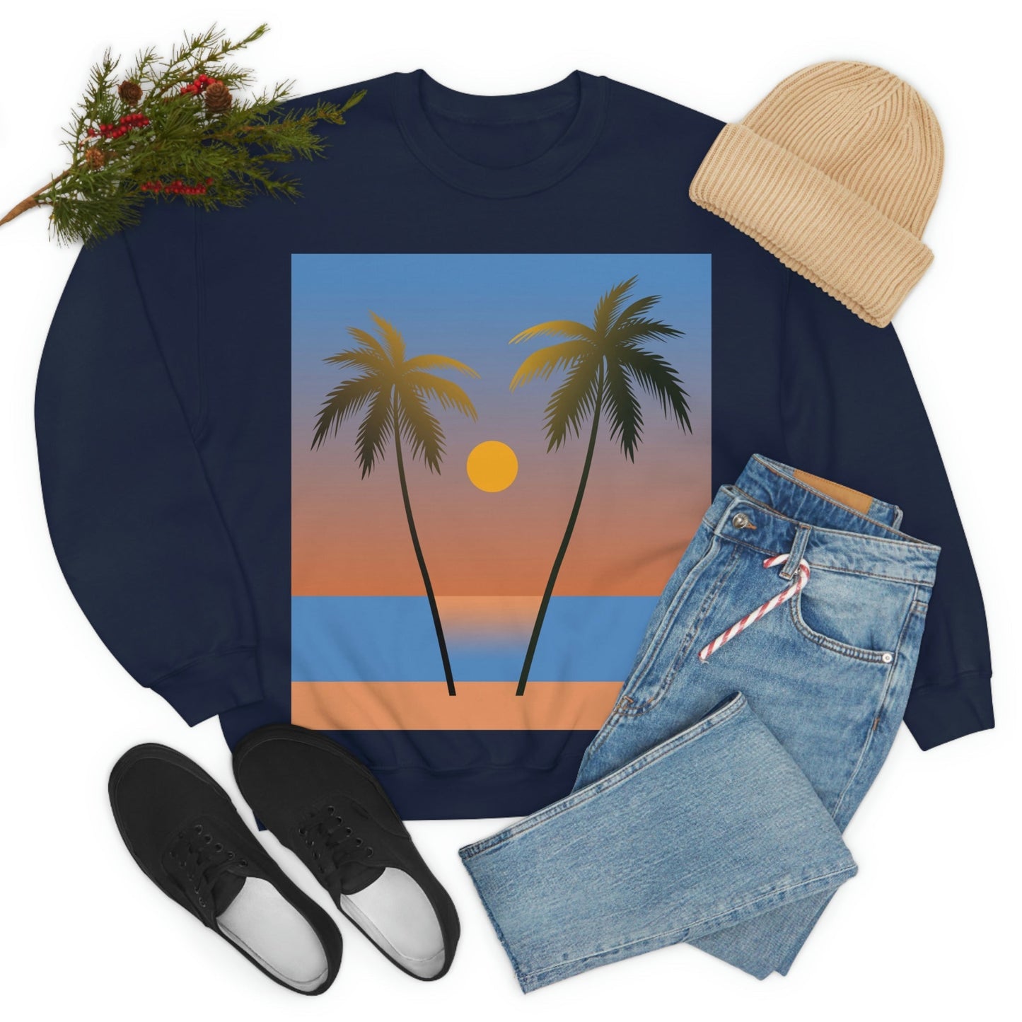 Palm Beach Sunset Minimal Art Unisex Heavy Blend™ Crewneck Sweatshirt Ichaku [Perfect Gifts Selection]