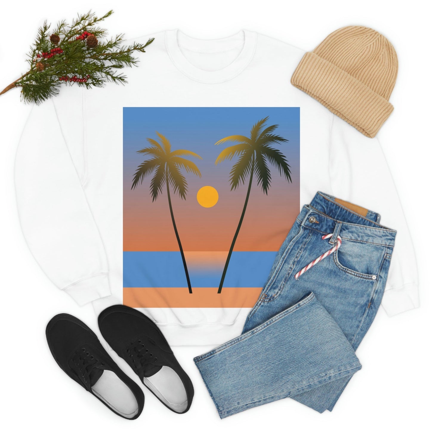 Palm Beach Sunset Minimal Art Unisex Heavy Blend™ Crewneck Sweatshirt Ichaku [Perfect Gifts Selection]