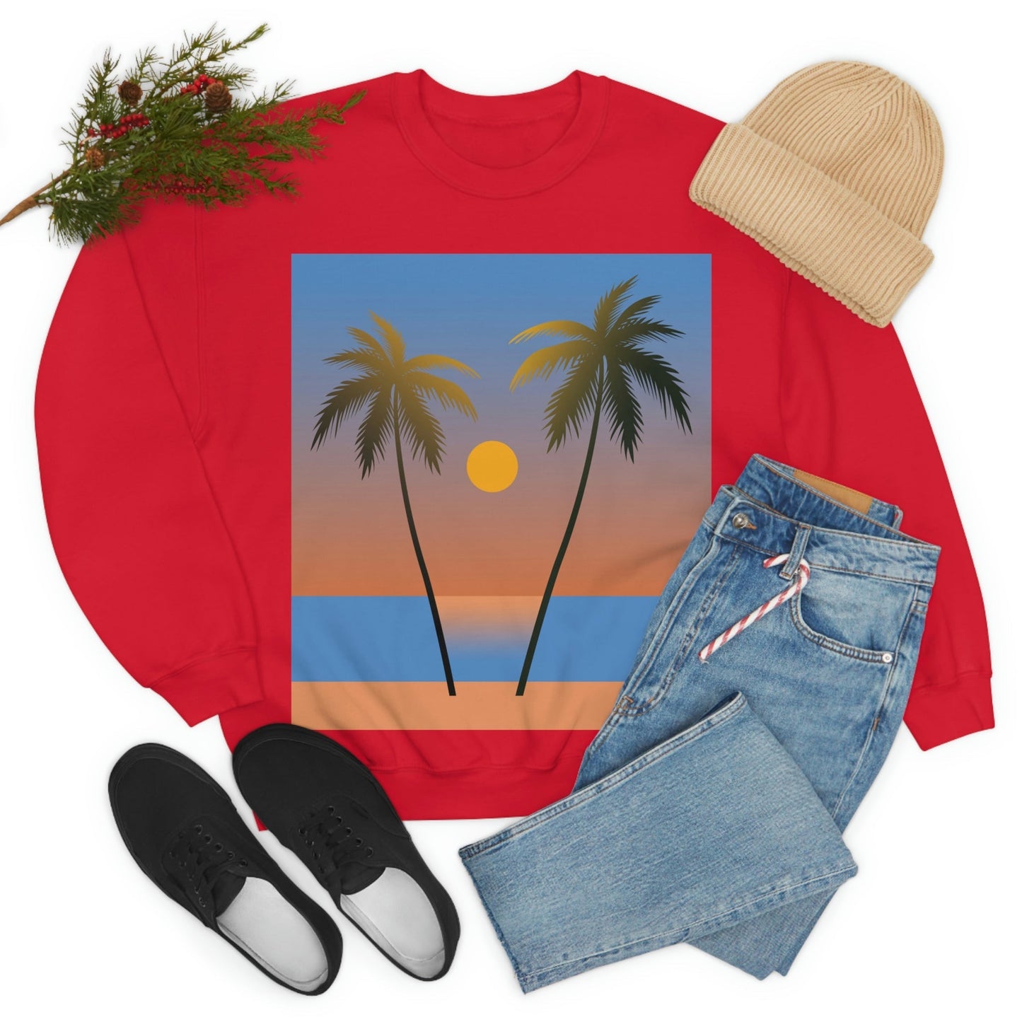 Palm Beach Sunset Minimal Art Unisex Heavy Blend™ Crewneck Sweatshirt Ichaku [Perfect Gifts Selection]