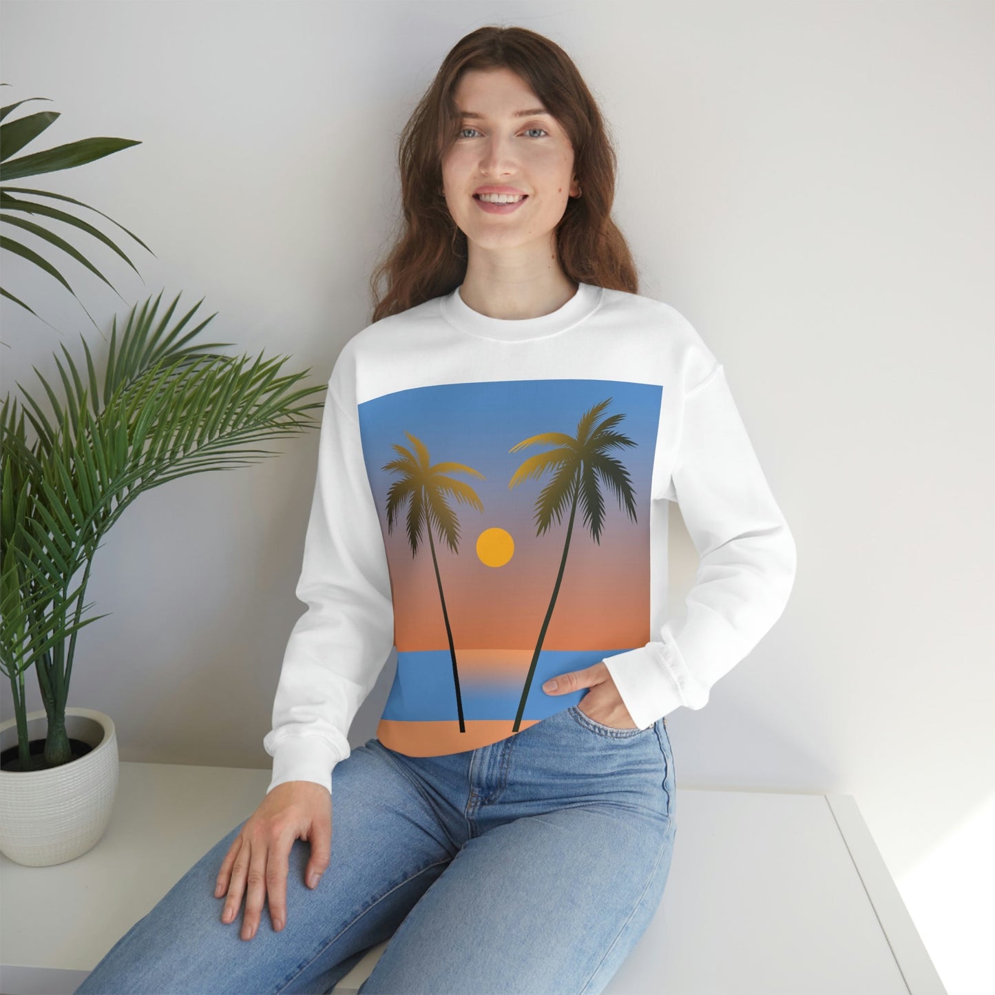 Palm Beach Sunset Minimal Art Unisex Heavy Blend™ Crewneck Sweatshirt Ichaku [Perfect Gifts Selection]