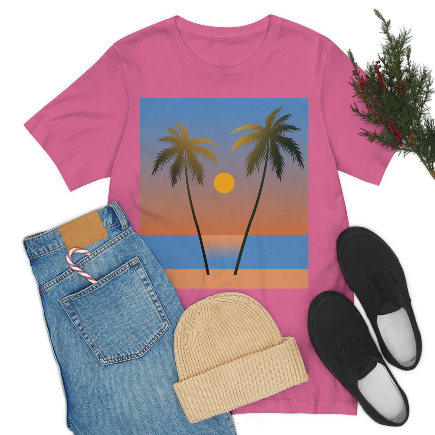 Palm Beach Sunset Minimal Art Unisex Jersey Short Sleeve T-Shirt Ichaku [Perfect Gifts Selection]