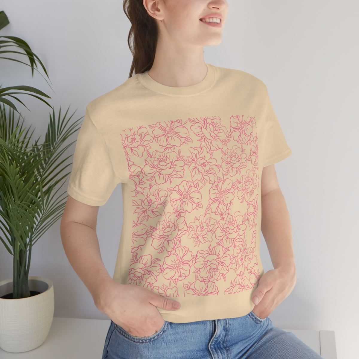 Peony Flower Pink Pattern Unisex Jersey Short Sleeve T-Shirt Ichaku [Perfect Gifts Selection]