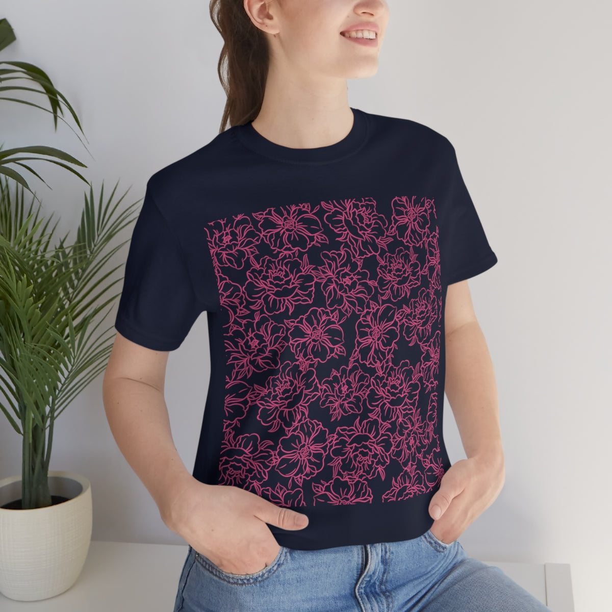 Peony Flower Pink Pattern Unisex Jersey Short Sleeve T-Shirt Ichaku [Perfect Gifts Selection]