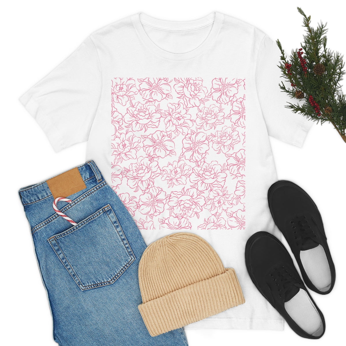 Peony Flower Pink Pattern Unisex Jersey Short Sleeve T-Shirt Ichaku [Perfect Gifts Selection]