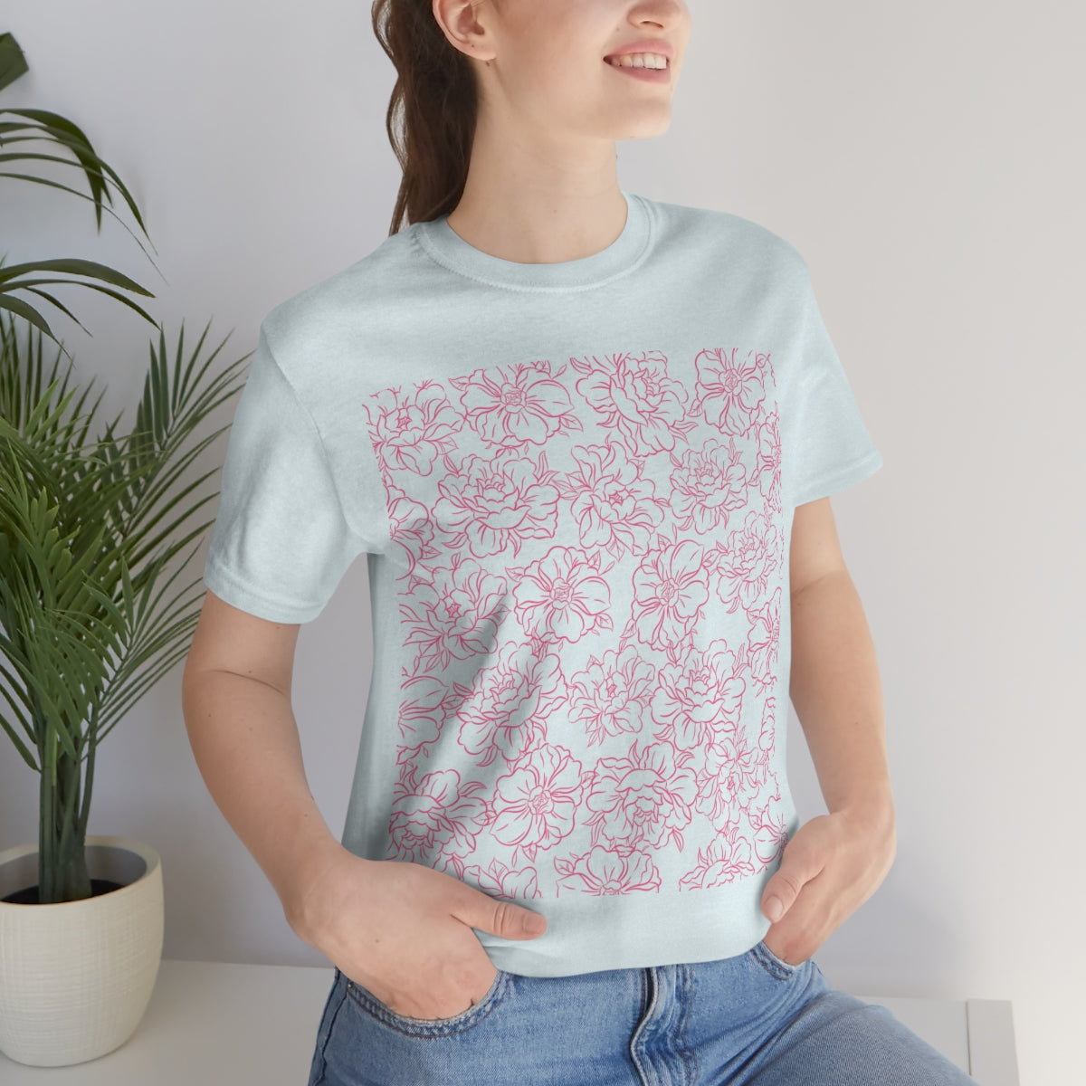 Peony Flower Pink Pattern Unisex Jersey Short Sleeve T-Shirt Ichaku [Perfect Gifts Selection]