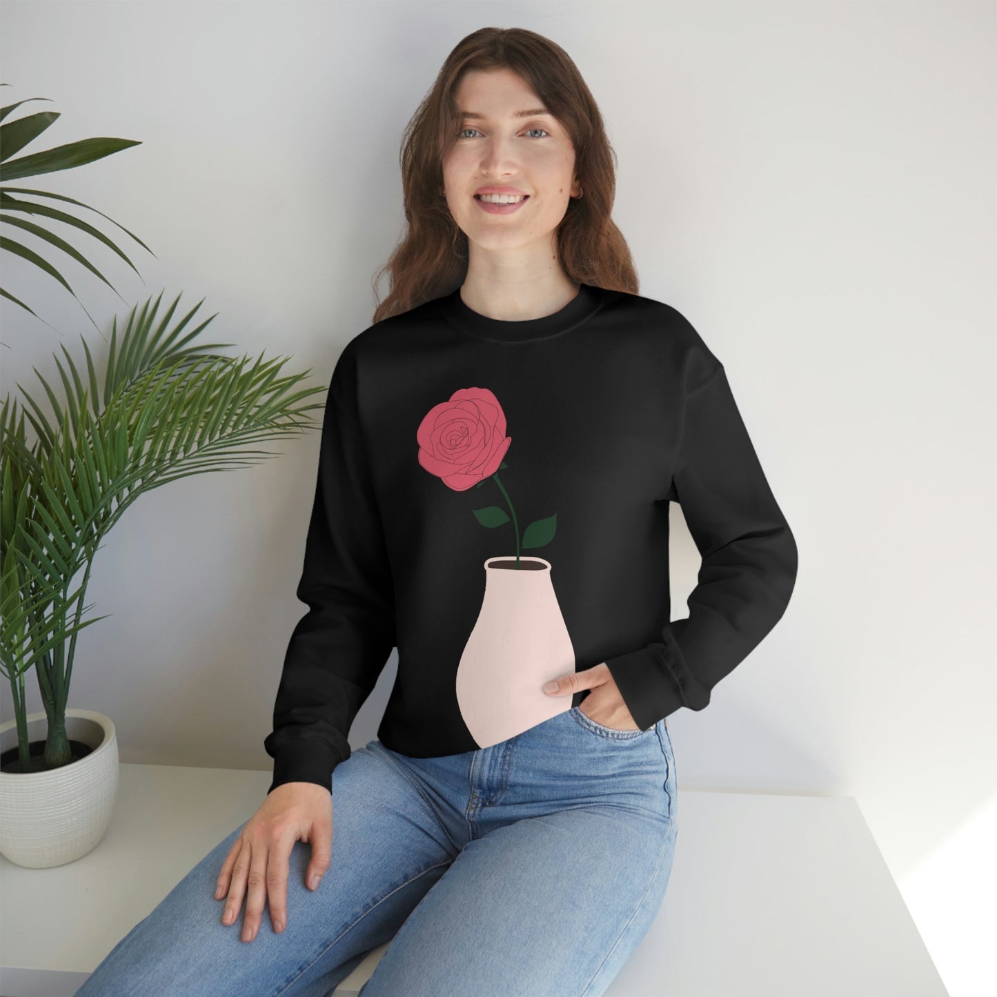 Pink Peony Minimal Art Retro Plant In The Vase Unisex Heavy Blend™ Crewneck Sweatshirt Ichaku [Perfect Gifts Selection]