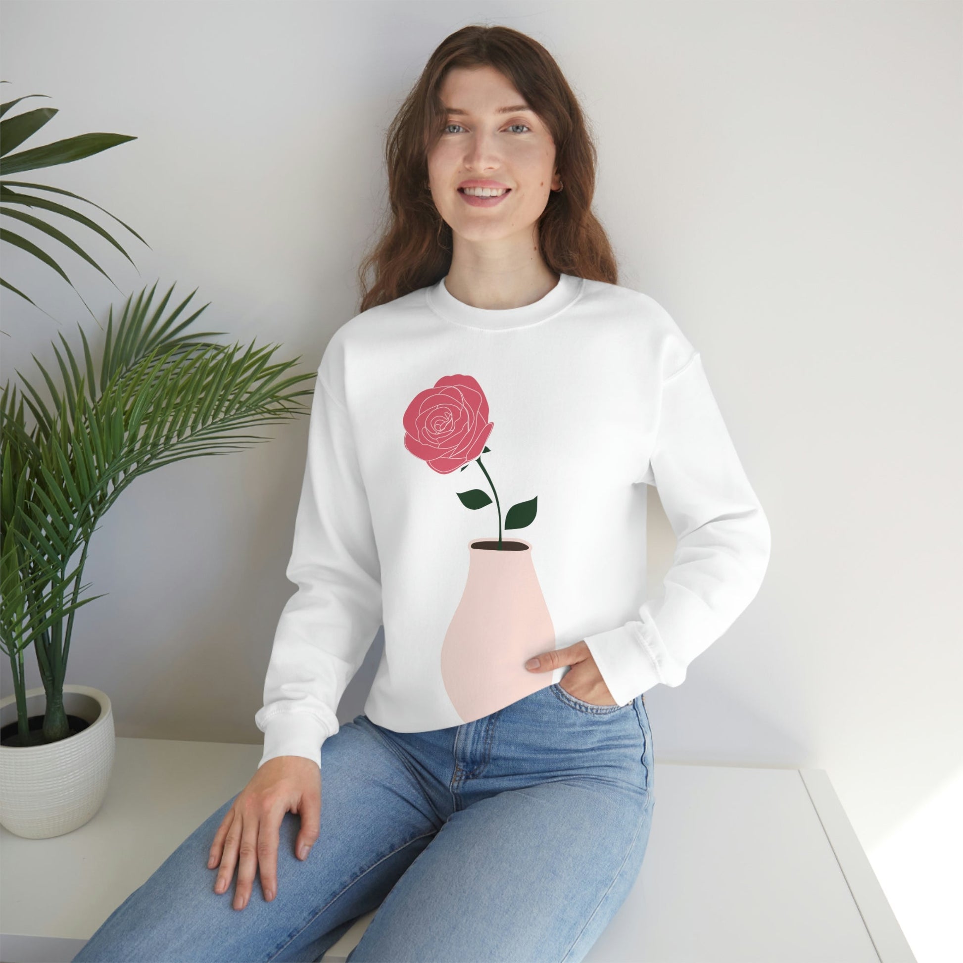 Pink Peony Minimal Art Retro Plant In The Vase Unisex Heavy Blend™ Crewneck Sweatshirt Ichaku [Perfect Gifts Selection]