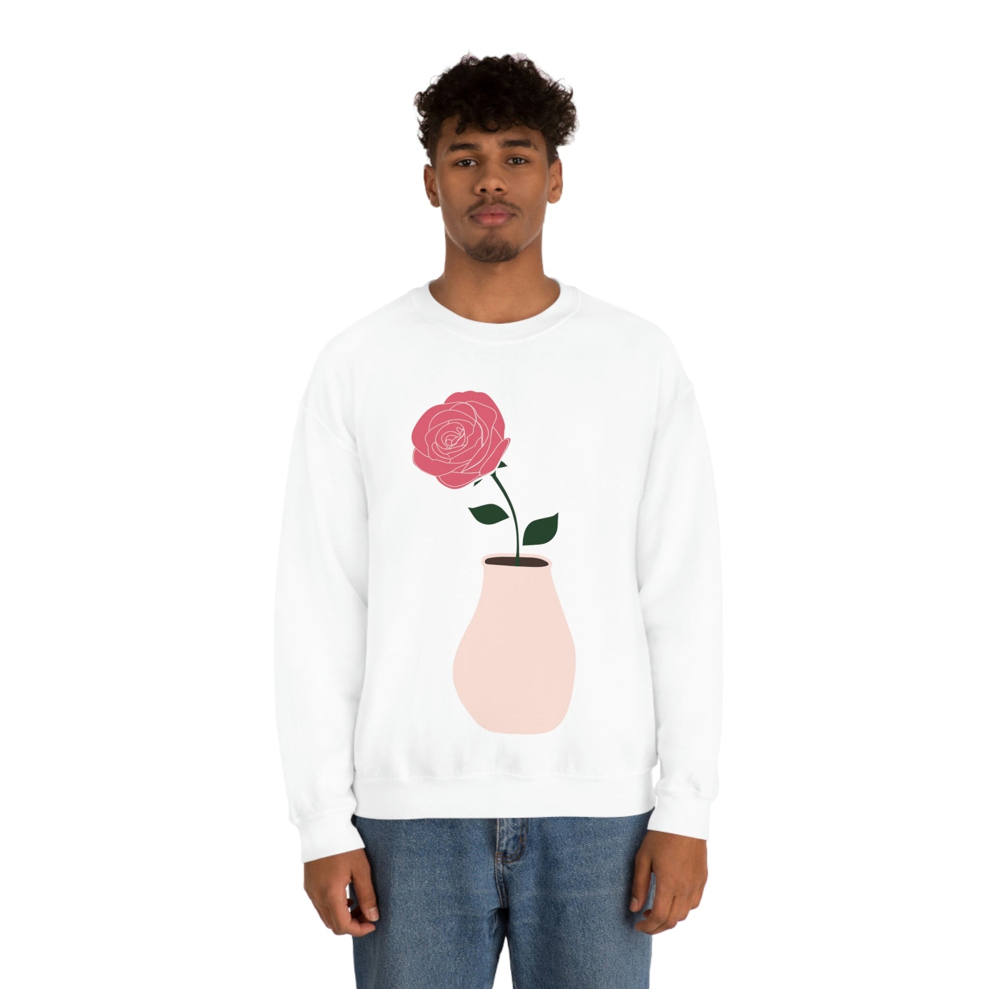 Pink Peony Minimal Art Retro Plant In The Vase Unisex Heavy Blend™ Crewneck Sweatshirt Ichaku [Perfect Gifts Selection]