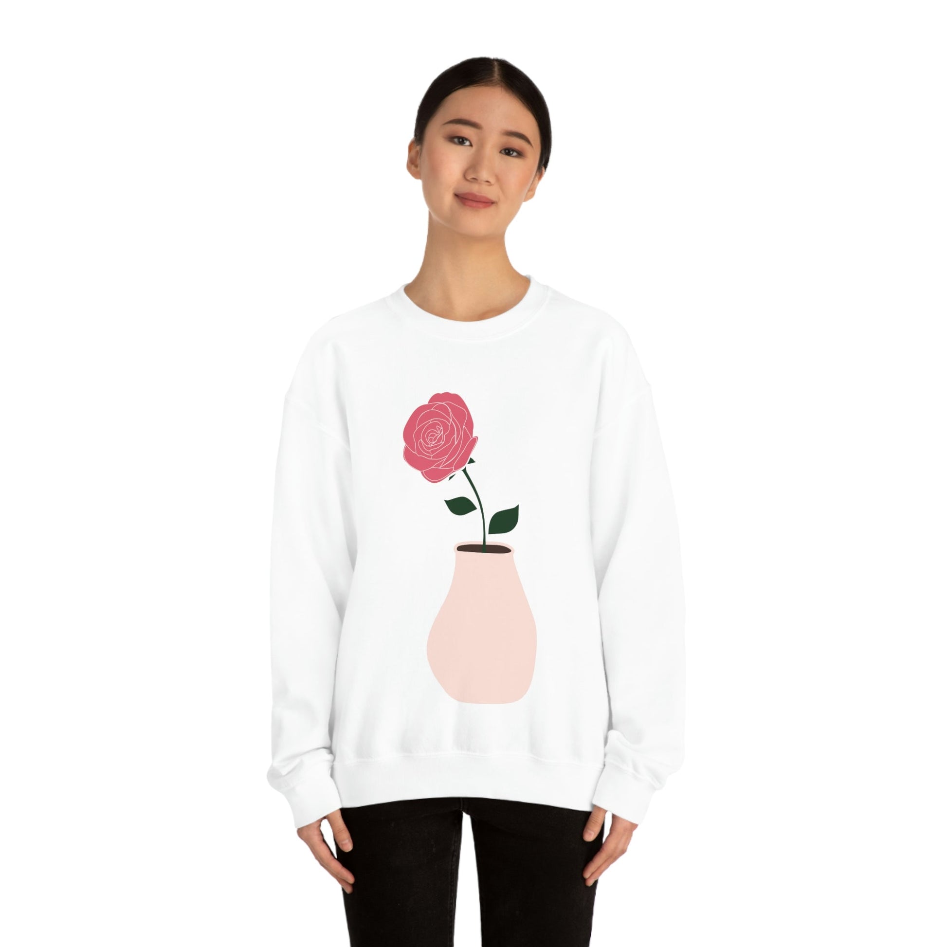 Pink Peony Minimal Art Retro Plant In The Vase Unisex Heavy Blend™ Crewneck Sweatshirt Ichaku [Perfect Gifts Selection]