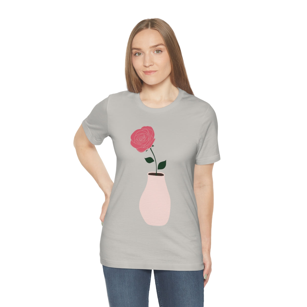 Pink Peony Minimal Art Retro Plant In The Vase Unisex Jersey Short Sleeve T-Shirt Ichaku [Perfect Gifts Selection]