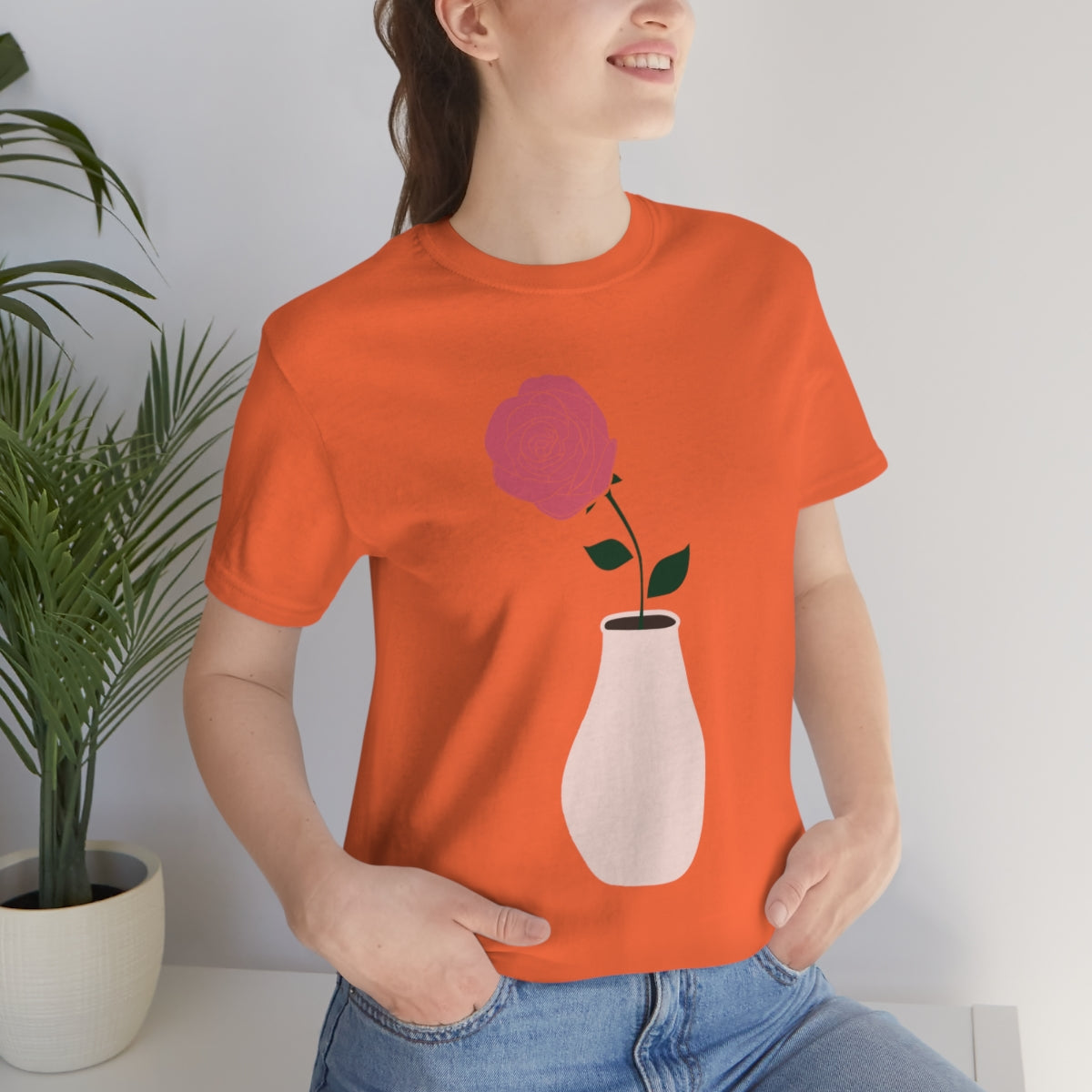 Pink Peony Minimal Art Retro Plant In The Vase Unisex Jersey Short Sleeve T-Shirt Ichaku [Perfect Gifts Selection]