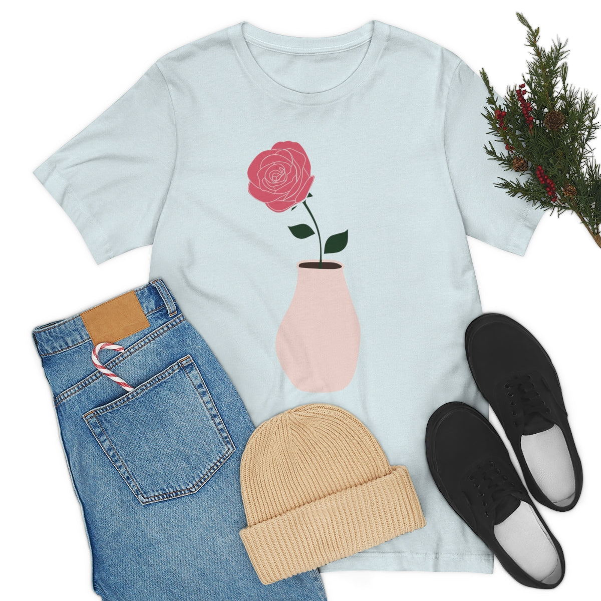 Pink Peony Minimal Art Retro Plant In The Vase Unisex Jersey Short Sleeve T-Shirt Ichaku [Perfect Gifts Selection]