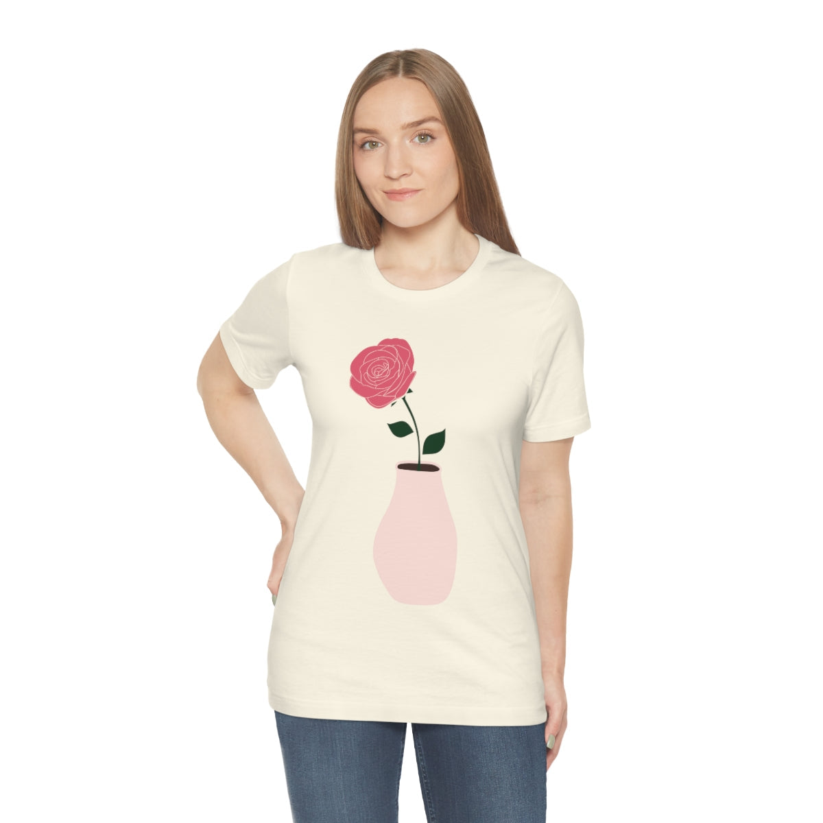 Pink Peony Minimal Art Retro Plant In The Vase Unisex Jersey Short Sleeve T-Shirt Ichaku [Perfect Gifts Selection]