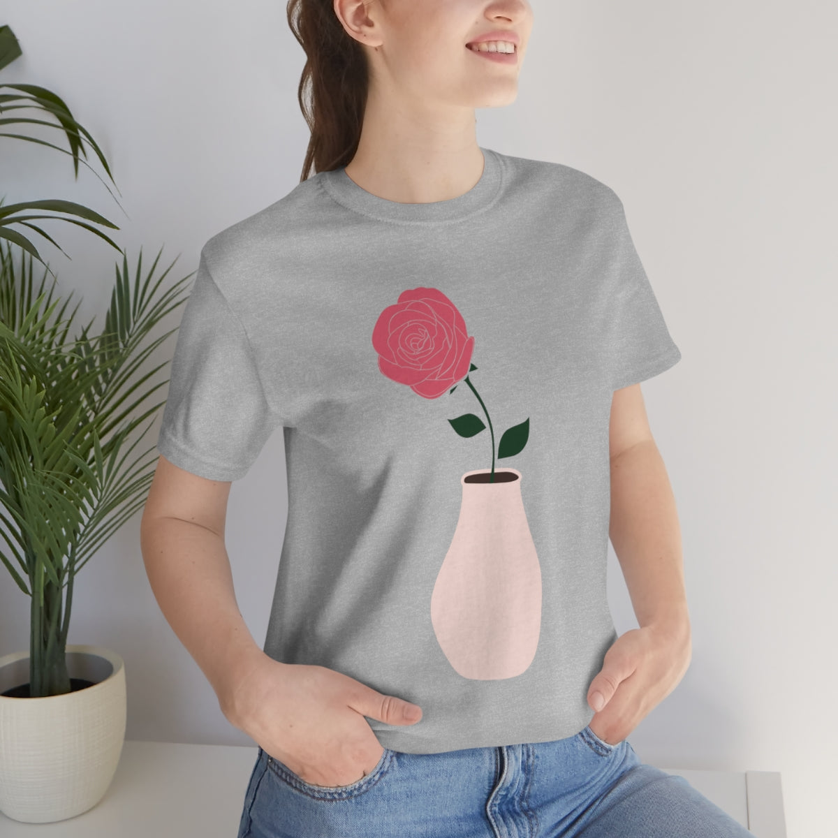 Pink Peony Minimal Art Retro Plant In The Vase Unisex Jersey Short Sleeve T-Shirt Ichaku [Perfect Gifts Selection]