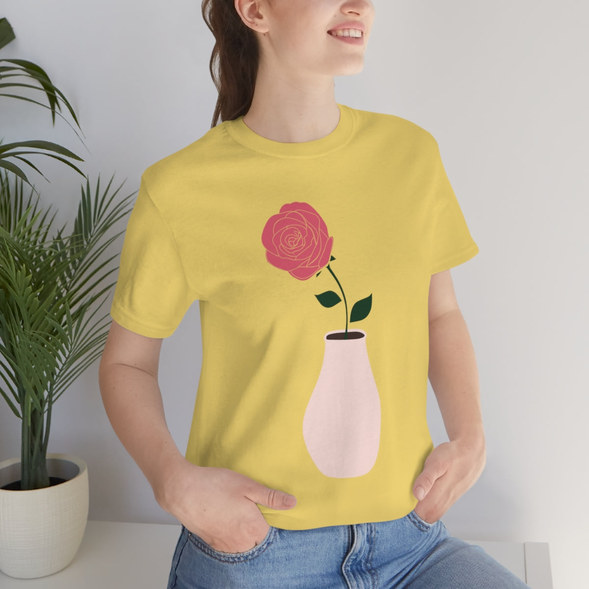 Pink Peony Minimal Art Retro Plant In The Vase Unisex Jersey Short Sleeve T-Shirt Ichaku [Perfect Gifts Selection]