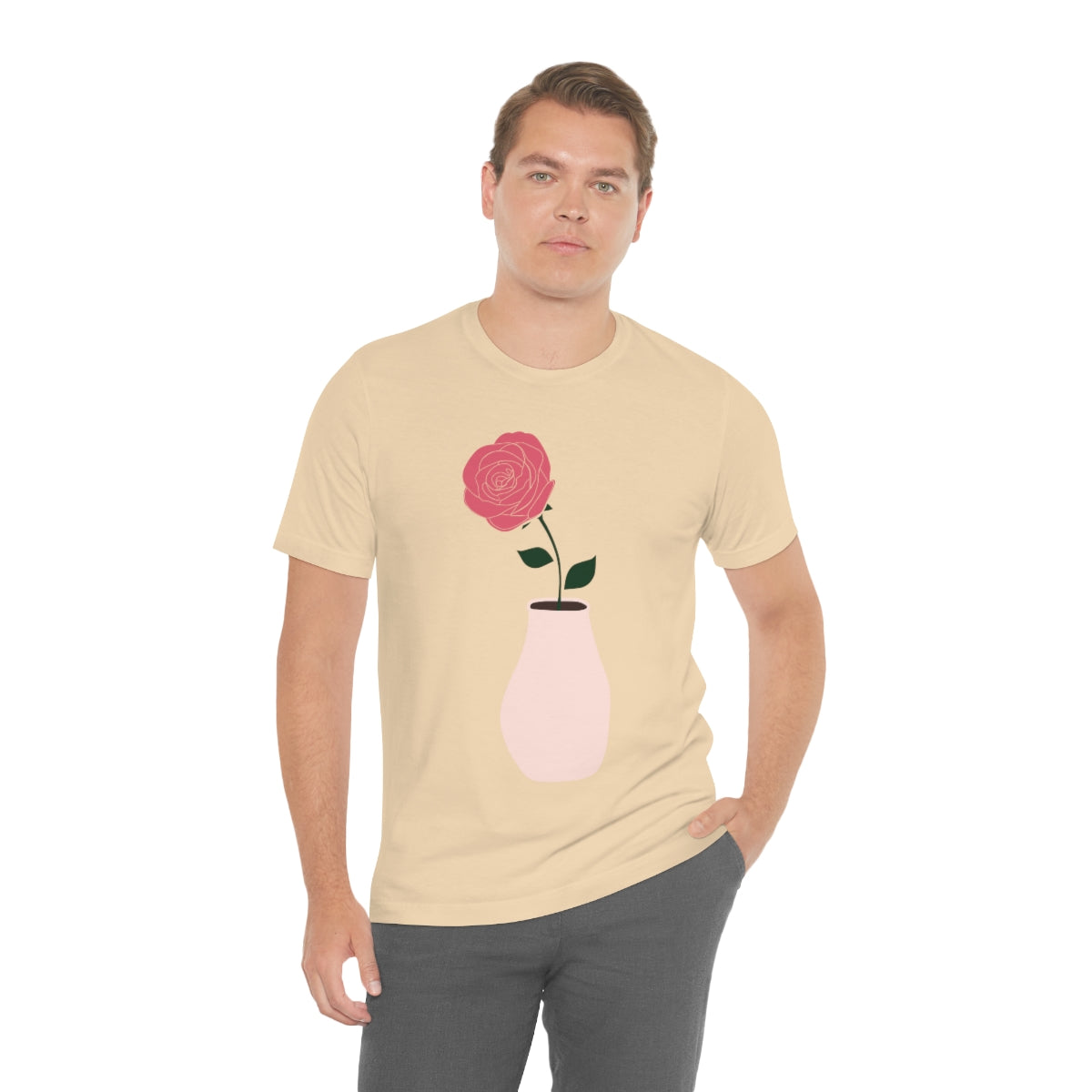 Pink Peony Minimal Art Retro Plant In The Vase Unisex Jersey Short Sleeve T-Shirt Ichaku [Perfect Gifts Selection]