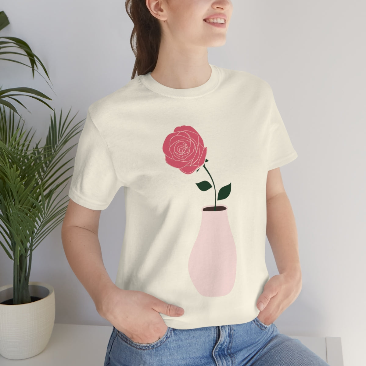 Pink Peony Minimal Art Retro Plant In The Vase Unisex Jersey Short Sleeve T-Shirt Ichaku [Perfect Gifts Selection]