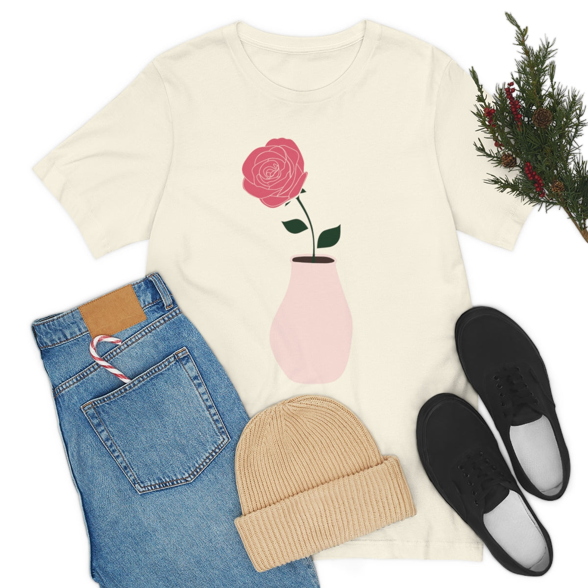 Pink Peony Minimal Art Retro Plant In The Vase Unisex Jersey Short Sleeve T-Shirt Ichaku [Perfect Gifts Selection]