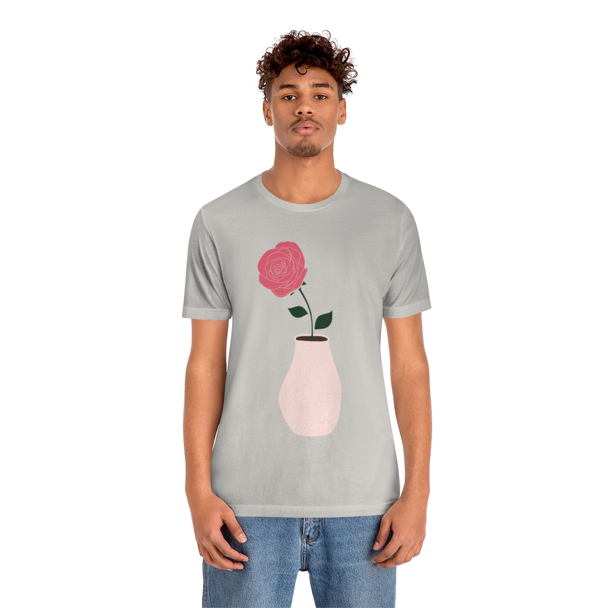 Pink Peony Minimal Art Retro Plant In The Vase Unisex Jersey Short Sleeve T-Shirt Ichaku [Perfect Gifts Selection]